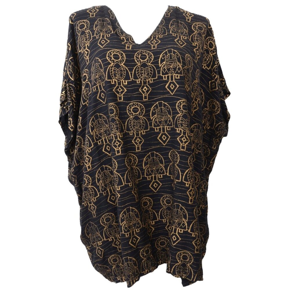 Nubian Queen Batik Kaftan Free Size Gold Black Batwing Sleeves Beach Cover Up